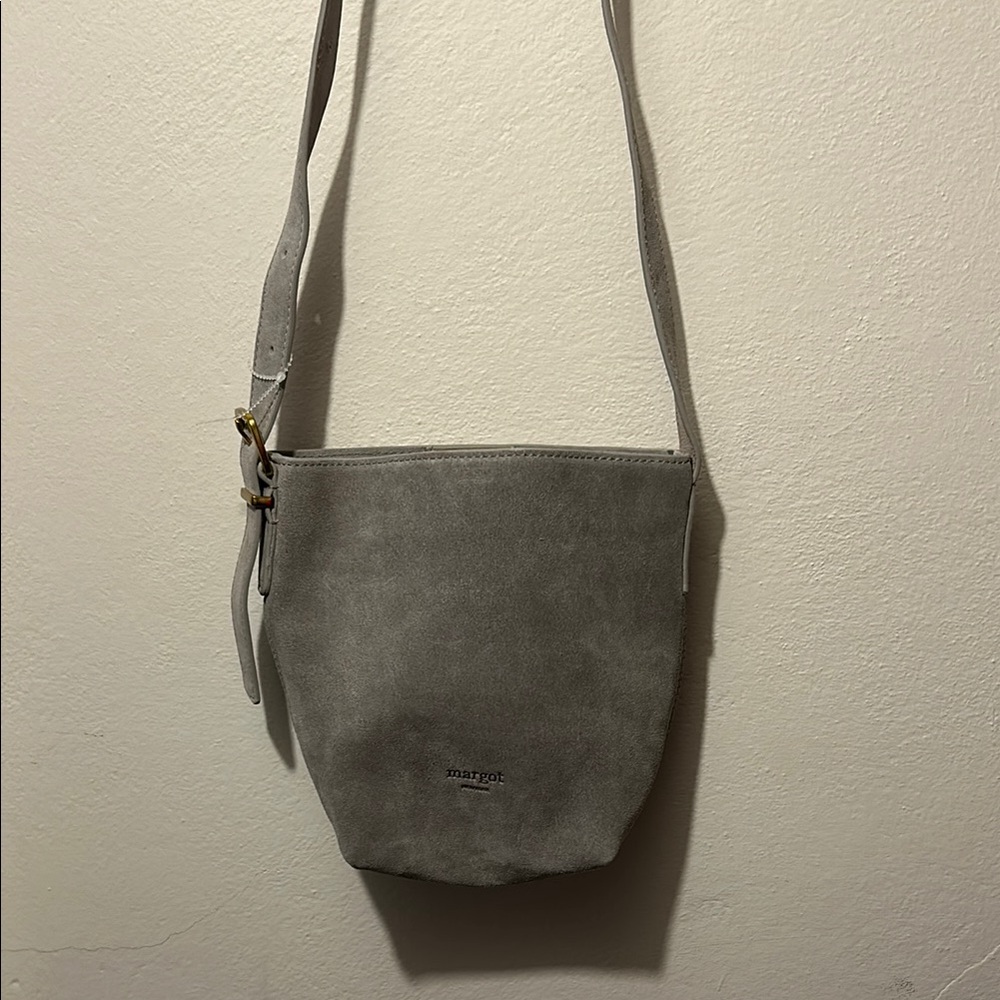 Gray Suede Crossbody Bag with Flap Closure